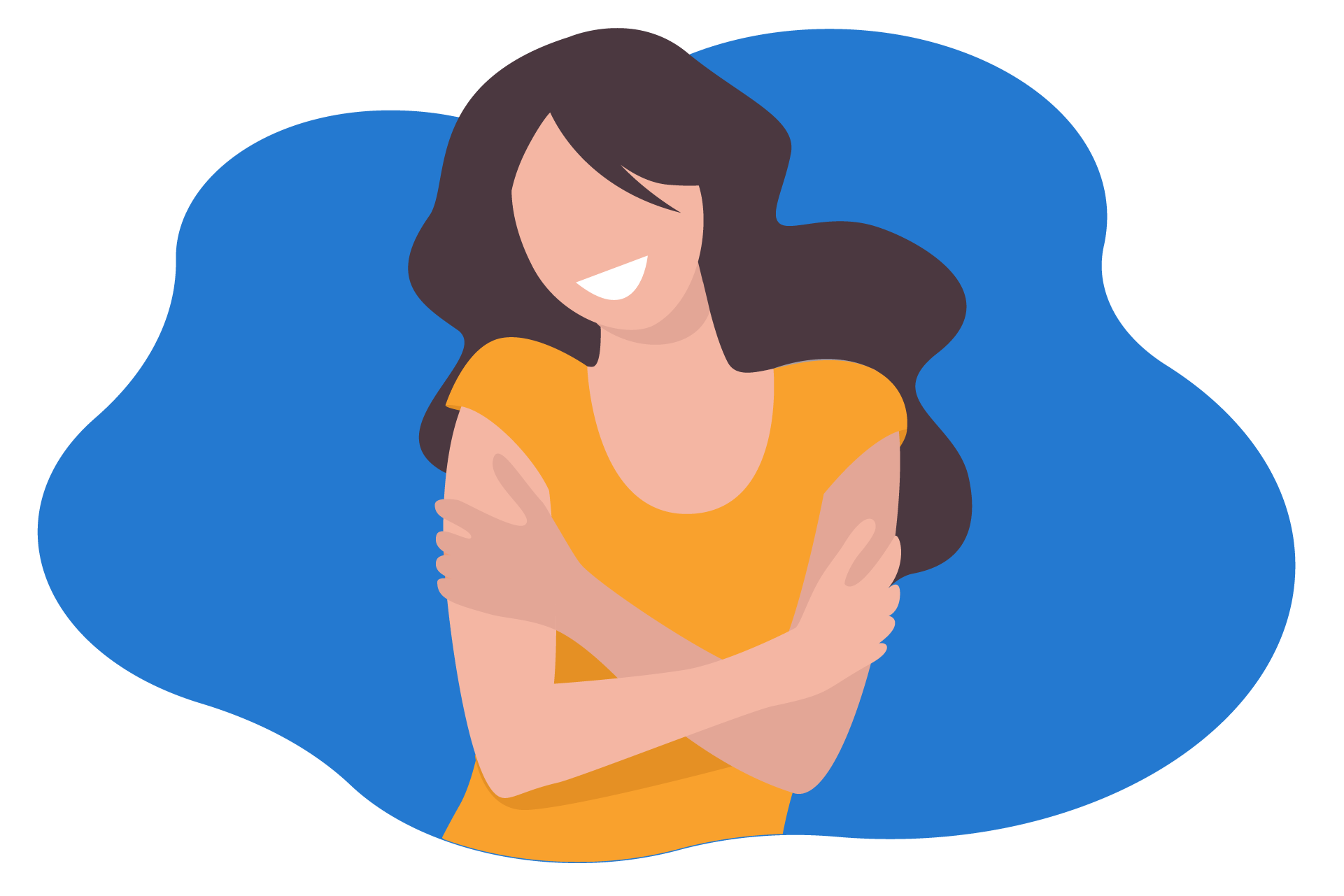 Desenho de uma mulher se abraçando e sorrindo.